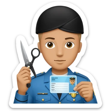 Floating black Scissors cutting in half a light blue idf soldier ID card with golden chip in 2 parts .hyper realistic sticker