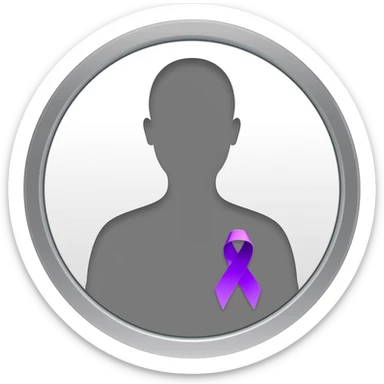 Apple iOS–style 3D emoji: round silver mirror, front view. In reflection, neutral silhouette with little violet awareness ribbon (classic looped cause-support ribbon) on chest, only visible in reflection. White background, soft shadow. sticker