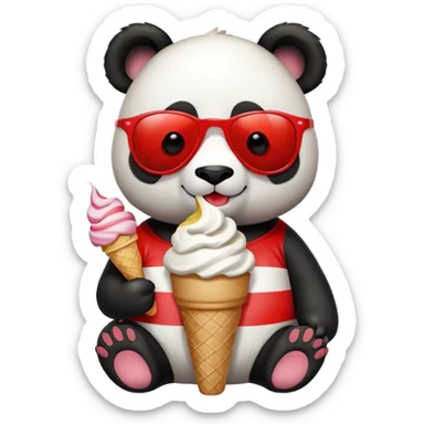 Panda with sunglasses that eat one ice cream with a stripe red and white t-shirt sticker