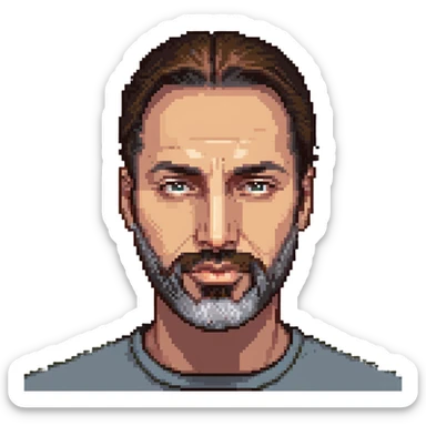 45-year-old man, brunette, hair slicked back, symmetrical facial features, medium nose, strong chin, espagnol beard sticker