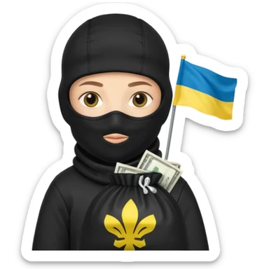 создай украинца в черное одежде и черной балаклаве с большим мешком денег на котором есть флаг страны в руках sticker