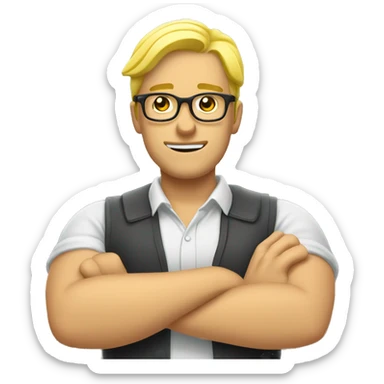 man crossing his arms in front of him in the 'prohibited' gesture. the man has blonde (yellow) hair, and he is wearing reading glasses. sticker