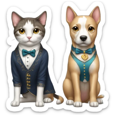 Dog and cat in fancy clothes sticker