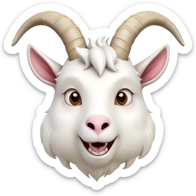 Cinematic Comical White Goat Portrait Emoji, Head tilted dramatically with an exaggeratedly amused expression, featuring a sleek white fur with a prominently quirky set of curved horns, wide, expressive eyes filled with playful disbelief, Simplified yet hilariously expressive features, highly detailed, glowing with a slightly sassy glow, high shine, dramatic yet playful, stylized with an air of cheeky mischief, bright and endearing, soft glowing outline, capturing the essence of a spirited and over-the-top goat, so meme-worthy it feels like it could side-eye its way into internet fame instantly! sticker