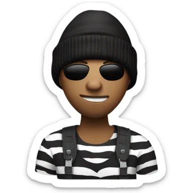Robber with a money bag in his left hand with a zebra shaped shirt and black beanie sticker