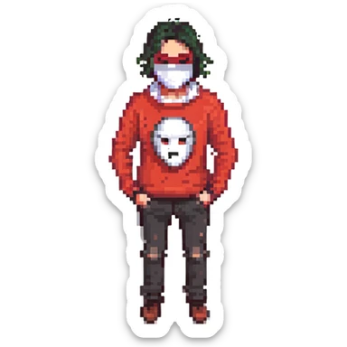 A guy in a black and white mask and red sweater sticker