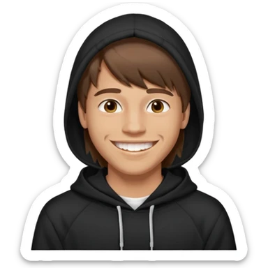 20 yr old man, brown hair, straight, big smile, white teeth, tanned skin, bangs, black hooded sweatshirt, long hair in back sticker
