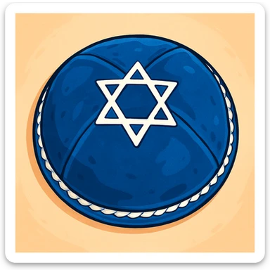 blue velvet Jewish kippah with white embroidery, viewed from above, soft cartoon style sticker