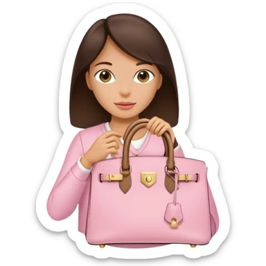 A brunette tan women holding a baby pink Birkin bag with gold hardware sticker