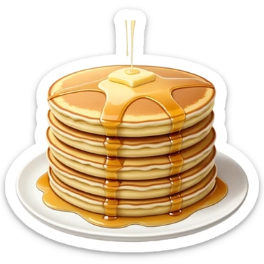 Cinematic fluffy golden pancakes, stacked high, drizzled with maple syrup, topped with fresh butter melting on top, light dusting of powdered sugar, warm and inviting, soft glow and mouthwatering. sticker