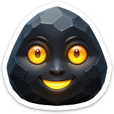 Single black obsidian rock character, thick and heavy with sharp facets and subtle reflections, carved cute face with glowing round eyes and a small smile, 3D render, high detail, soft backlighting, isolated on a plain dark background. sticker