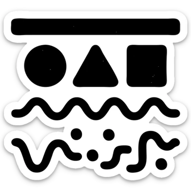 abstract minimalist solid icon of geometric shapes below a horizontal line, with abstract data streams of lines, dots, or waves, worn and distressed effect sticker