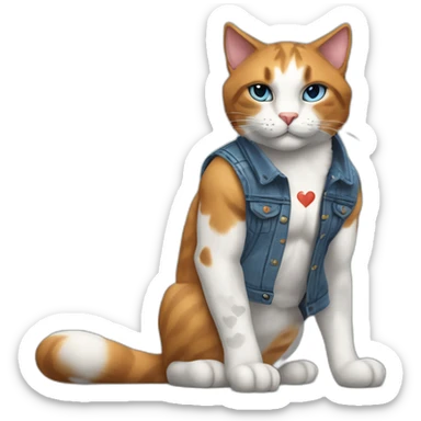 Meowscles is a muscular and humanoid calico cat in blue jeans. He has a heart with "Lynx" written inside of it tattooed on his right bicep. sticker