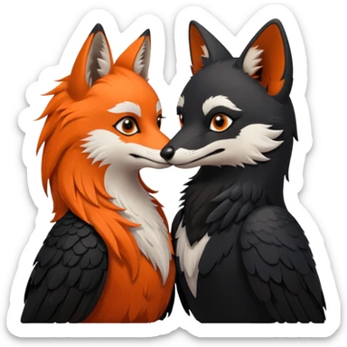 A female crow and a male fox kissing each other. sticker