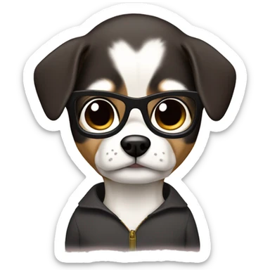 dark hair dark eye man with short mustache wearing glasses holding chihuahua sticker