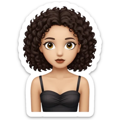 Woman with light skin and super dark brown-almost black colored irises eyes and waist length dark brown curly hair and white tube top with no straps sticker