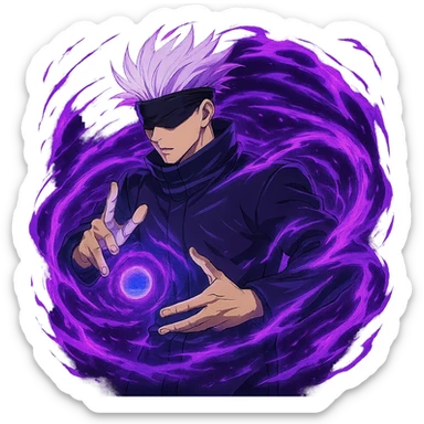 Add Hollow Purple effect with swirling purple and blue energy around Gojo Satoru, keeping his use of the infinity technique, in anime style, no background. sticker