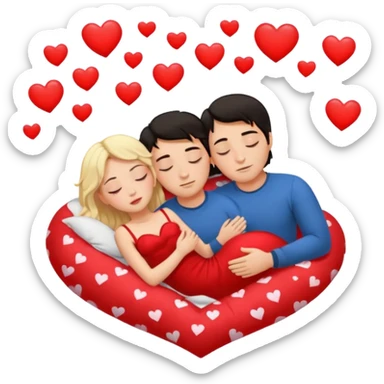 Sleeping couple. two people. man has dark hair. woman is blonde. hearts surrounding them. sticker