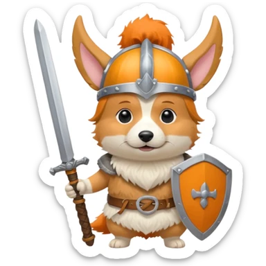 corgi with viking helmet and sword behind sticker