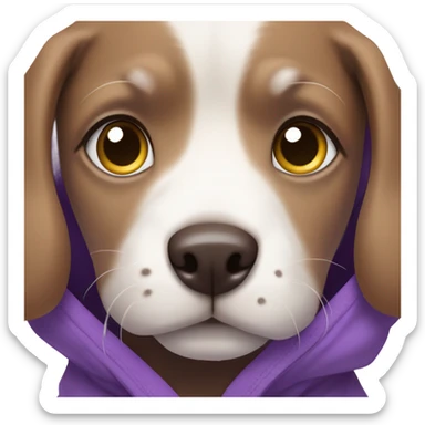 Brown and white dog puppy eyes wearing a purple hoodie sticker