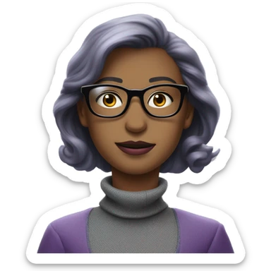 Full torso of Tv show young Diana I Prince wearing grey suit with silk voile  purple turtleneck and black eyeglasses  sticker