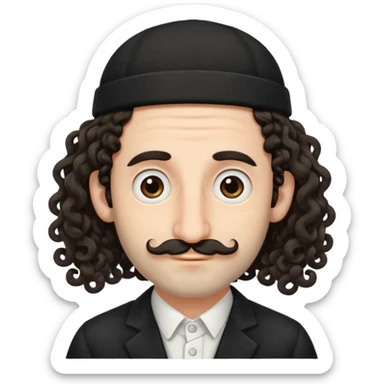 jewish jew man's face, wearing a tiny black kippah and 2 curly long hair strands near the ears, big nose, only face, no body, no mustache sticker