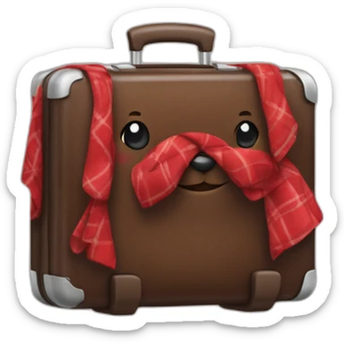Chocolate colored doodle with wavy hair wearing a red and black flannel handkerchief with a carryon suitcase sticker