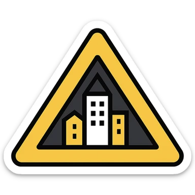 icon of a large yellow triangular arrow with a smaller black triangular arrow centered inside it, containing a stylized cityscape in yellow and white within the inner black triangle sticker