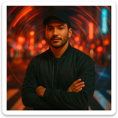Create a nighttime cinematic photo of a Southeast Asian man in his early 30s with sawo matang skin, standing in a crosswalk with neon city lights and spiral motion blur. The man has a relaxed but solid posture, black cap, bomber jacket, confident expression, soft light on face, warm tones, fashion editorial look. Use the reference image for facial features. sticker