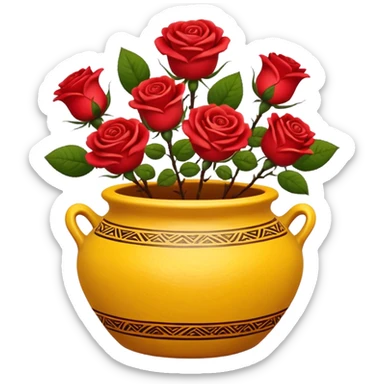 Yellow ceramic pot with red roses; the pot is decorated in an ethnic style. sticker