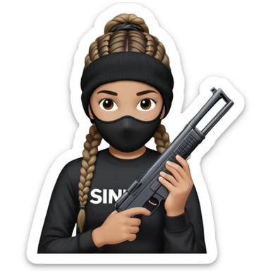 wearing a ski mask, braided hair, wearing a black t-shirt with the words sinkids on it and holding a gun sticker