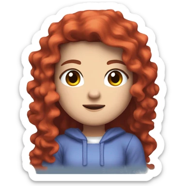 a white girl with long red curly hair, wearing periwinkle Minecraft hoodie playing a videogame sticker