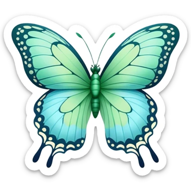 A delicate butterfly with deep green and pastel blue wings resting on a soft green satin ribbon. sticker