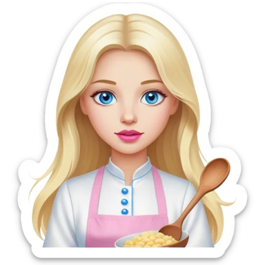 Cinematic realistic beautiful blonde with long hair, blue eyes and pink lips in a white dress cooks sticker