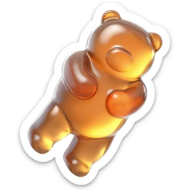 hyper-realistic 3D rendering of a translucent, glistening holographic glitter gummy bear mid-bounce, its plump body captured in dynamic motion as if frozen in time. The candy's surface refracts light like real gelatin, with sticky highlights gleaming along its curved edges and subtle sugar granules  sticker