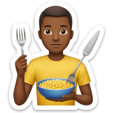 BLACK MAN WITH YELLOW SHIRT, HOLDING AN FORK AND A COOK CORN BOWL sticker