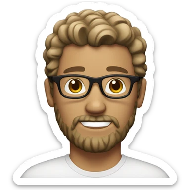 White male with a salt-and-pepper beard and short, curly light brown hair. He wears clear, round plastic glasses sticker