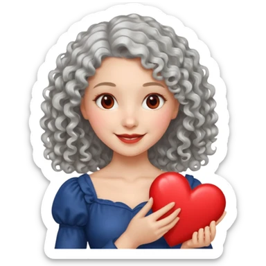 silvery curly/wavy shoulder-length hair smiling lady holding a heart sticker