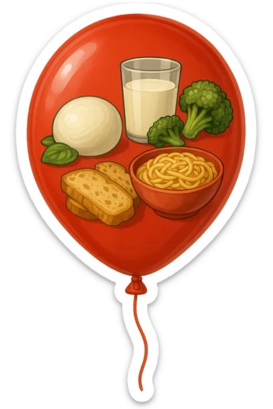 PALLONCINO ROSSO CON DENTRO UNA MOZZARELLA, UN BICCHIERE DI LATTE, UNA BOWL DI PASTA, QUALCHE BROCCOLO, QUALCHE FETTINA DI PANE sticker