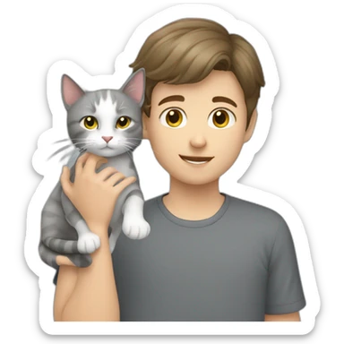 White brunette boy petting grey cat sticker