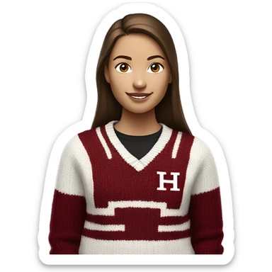 Girl with brown hair and white skin wearing a crimson and white sweater with the black crimson and white Harvard University logo on it  sticker