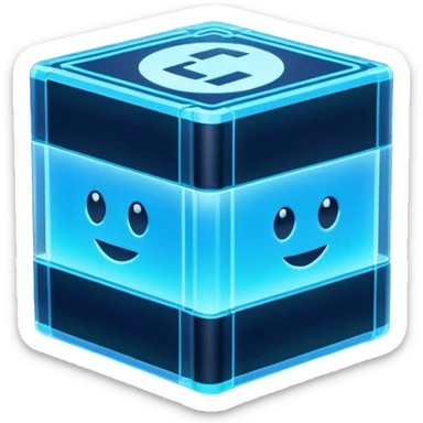 Pixel art emoji icon of a futuristic holographic book (help), neon blue sci-fi voxel style, cute tech aesthetic, centered, simple, high contrast, 3D shading, soft glow, transparent background, 100x100 px, game UI icon sticker