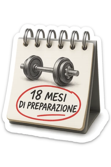 foglio di calendario con manubri da palestra disegnati e la scritta a penna "18 MESI DI PREPARAZIONE" CERCHIATA IN ROSSO, FALLO MOLTO REALISTICO IN 3D sticker