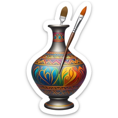 Metal painting icon, fine paintbrush painting a detailed metal statuette or vase with bright, vivid colors, visible strokes and intricate patterns, no finished artwork, just the painting process, minimalistic style, clean lines, transparent background. sticker