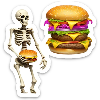 skeleton with neon lights and a burger with golden flakes sticker