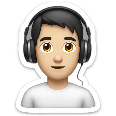 young white guy, black hair, headphones sticker