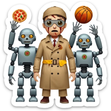 a glitch abomination with hands for a head, a baskeball stomach, pizza eyes, eyepatch, and zombie wounds, wearing trench coat, and robot crowd sticker