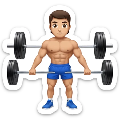 brunette buff man with blue shorts barbell-shrugs sticker