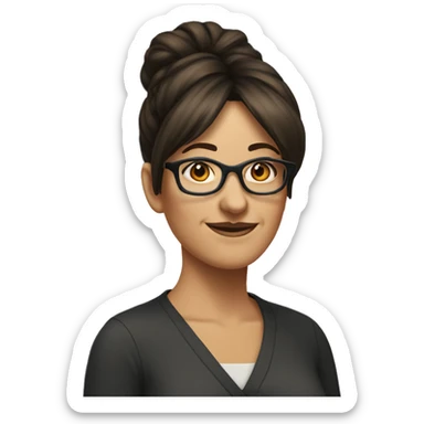 brunette woman middle aged with dark trimmed glasses, bangs and a bun  sticker