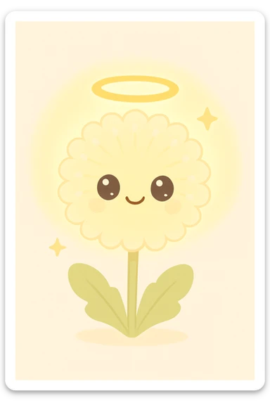 a dandelion with a halo and a golden glow sticker